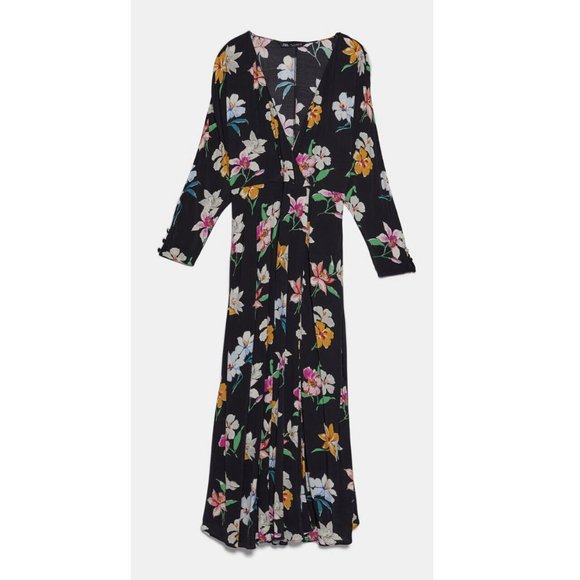 Zara Floral Maxi Dress Plunge Front V-Neck Pleated Pockets Wedding Guest Travel - Picture 2 of 13